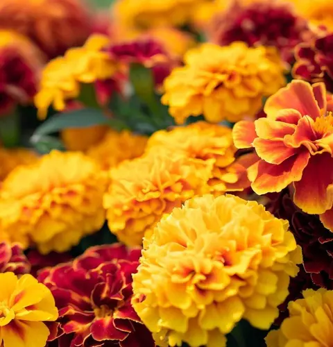 Close-up of double-crested marigold blooms