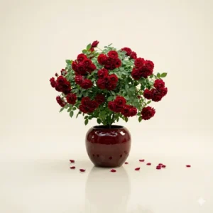 Desi Rose Plant in full bloom with vibrant red flowers