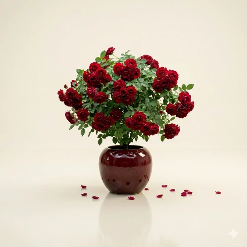 Desi Rose Plant in full bloom with vibrant red flowers