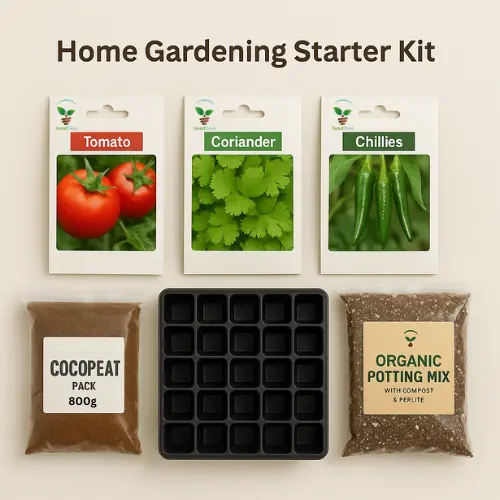 Home Gardening Starter Kit – Vegetable Seeds, Cocopeat, Tray & Guide