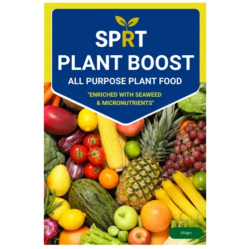 Plant Boost by SPRT 250 g bag showing nutrient granules and dosage instructions