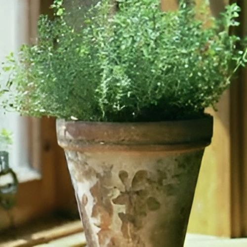 Healthy live thyme plant with small green leaves growing in pot in Pakistan garden