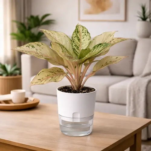 Aglaonema White Joy white variegated Chinese evergreen in self watering pot planted in cocopeat soil Aglaonema White Joy white variegated Chinese evergreen in self watering pot planted in cocopeat soil
