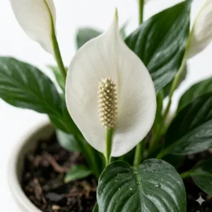Peace Lily indoor plant with white flowers and green leaves in pot, air purifying houseplant for home and office decor