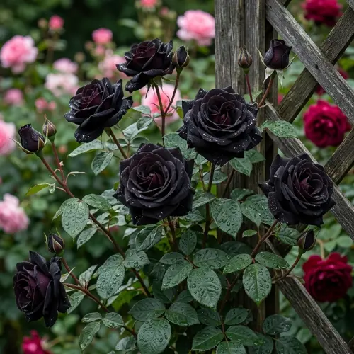 Black Rose Hybrid F1 Plant with deep dark maroon velvety blooms growing in garden pot