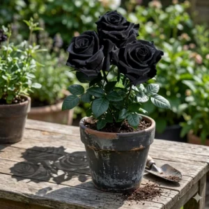 Black Rose Hybrid F1 Plant with deep dark maroon velvety blooms growing in garden pot