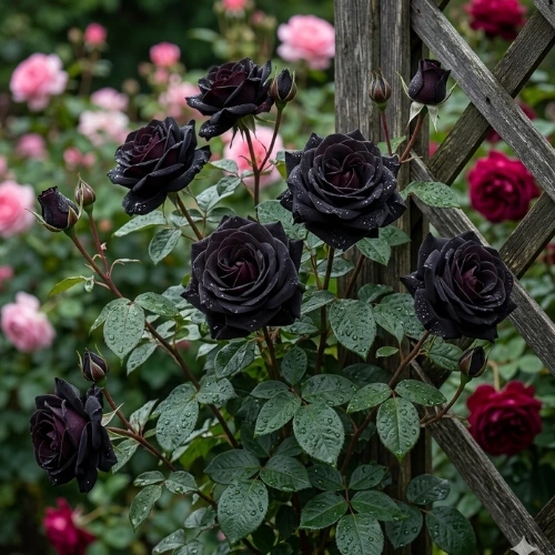 Black Rose Hybrid F1 Plant with deep dark maroon velvety blooms growing in garden pot