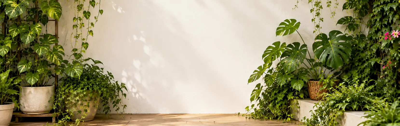 Vine and climber plants banner with lush green trailing vines, hanging plants, and tropical foliage in a bright garden setting.