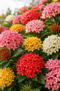 Complete Ixora Plant Care Guide showing a healthy flowering West Indian Jasmine with glossy green leaves and vibrant blooms